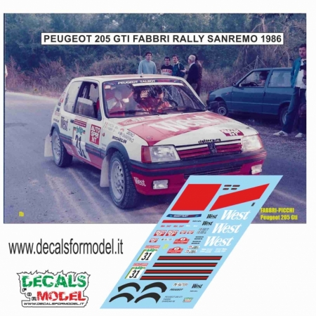 1:43 DECALS PEUGEOT 205 GTI - WEST - FABBRI - RALLY SANREMO 1986
